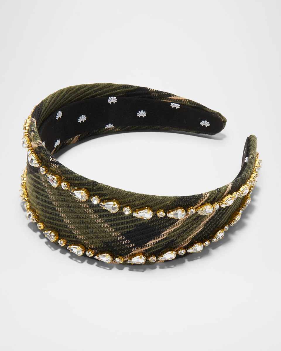 Brigitte Crystal-Embellished Corduroy Plaid Headband